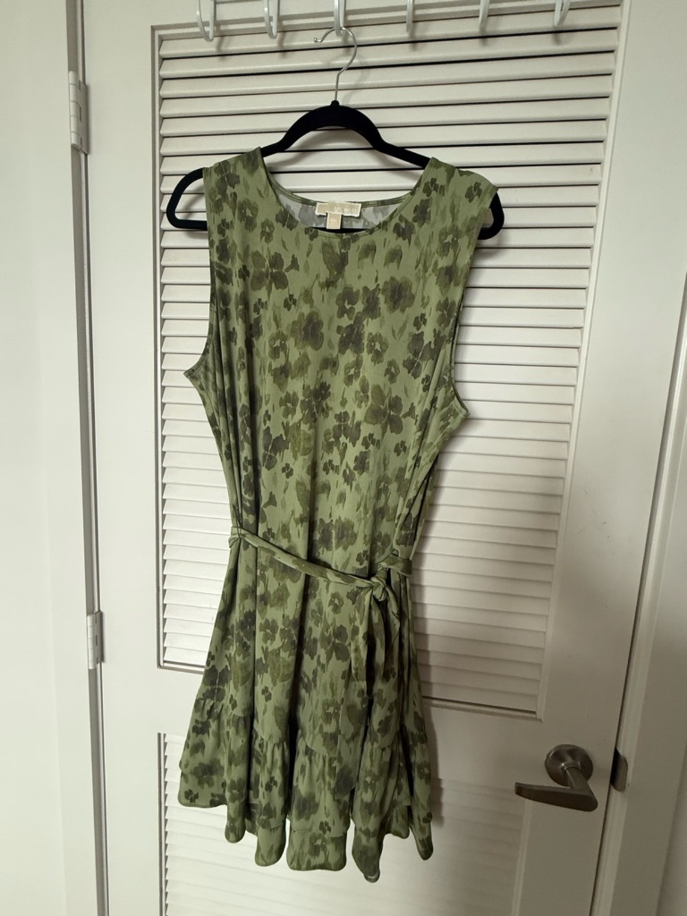 MICHAEL Michael Kors Olive Green Sleeveless Tie-Waist Midi Dress with Ruffle Hem